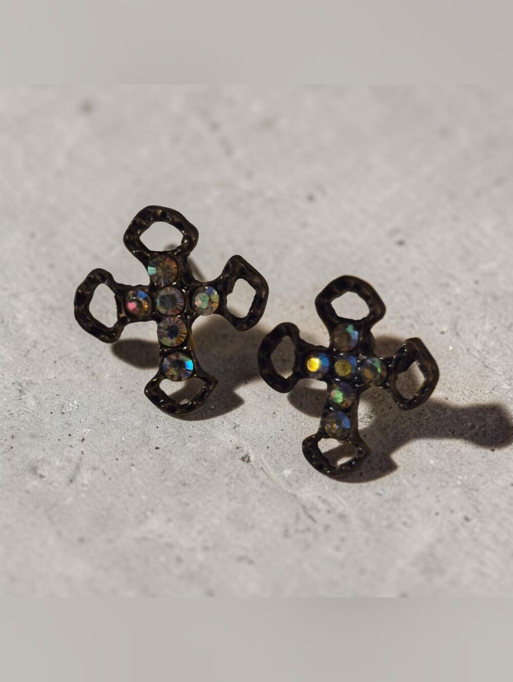 Cross & Iridescent Stones Stud Earrings